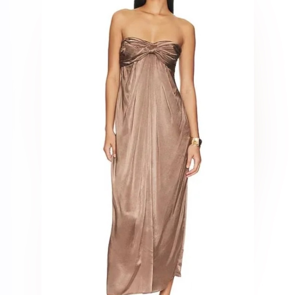 Shona Joy 'Milo' Brown Strapless Knot Satin Midi Dress Size 6
